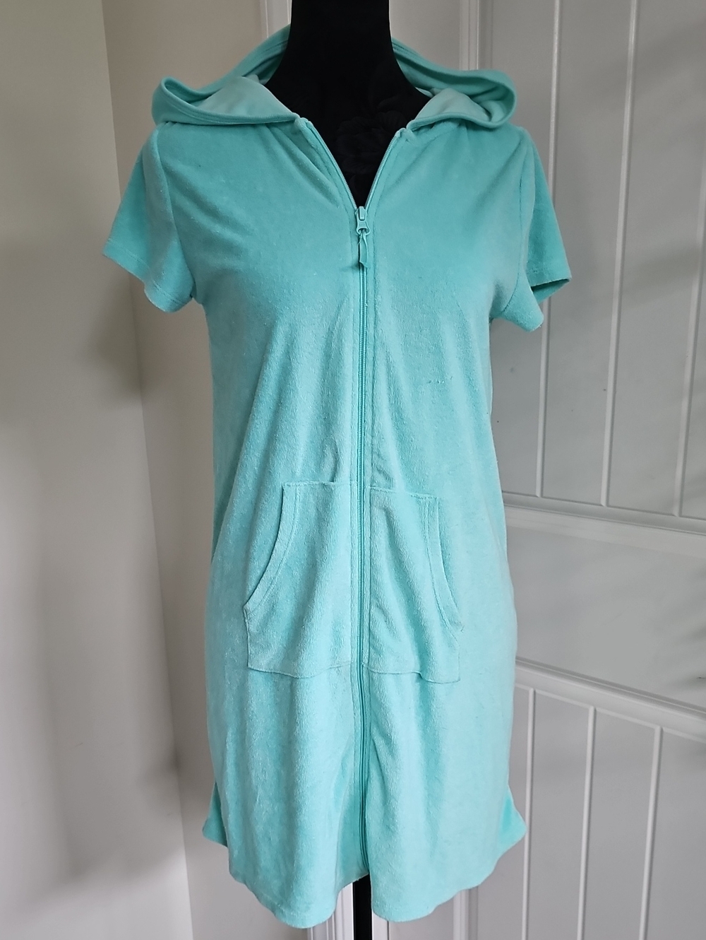 Girls Aqua Hooded Short Sleeve Zip-Front Beach Coverup, Size XL 14/16